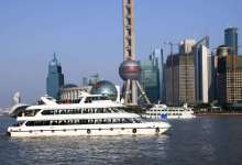 Huangpu River with Shanghai Pudong view and ferries