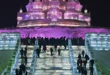 Ice Horse and ice palace at Harbin Ice Festival